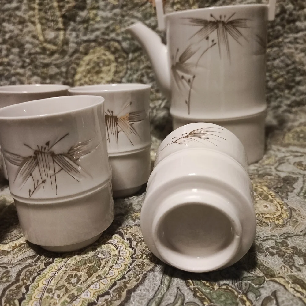 8 Piece Japanese Asian Vintage Green Tea Sake Set 1950's 1960's 6 Cups Bamboo